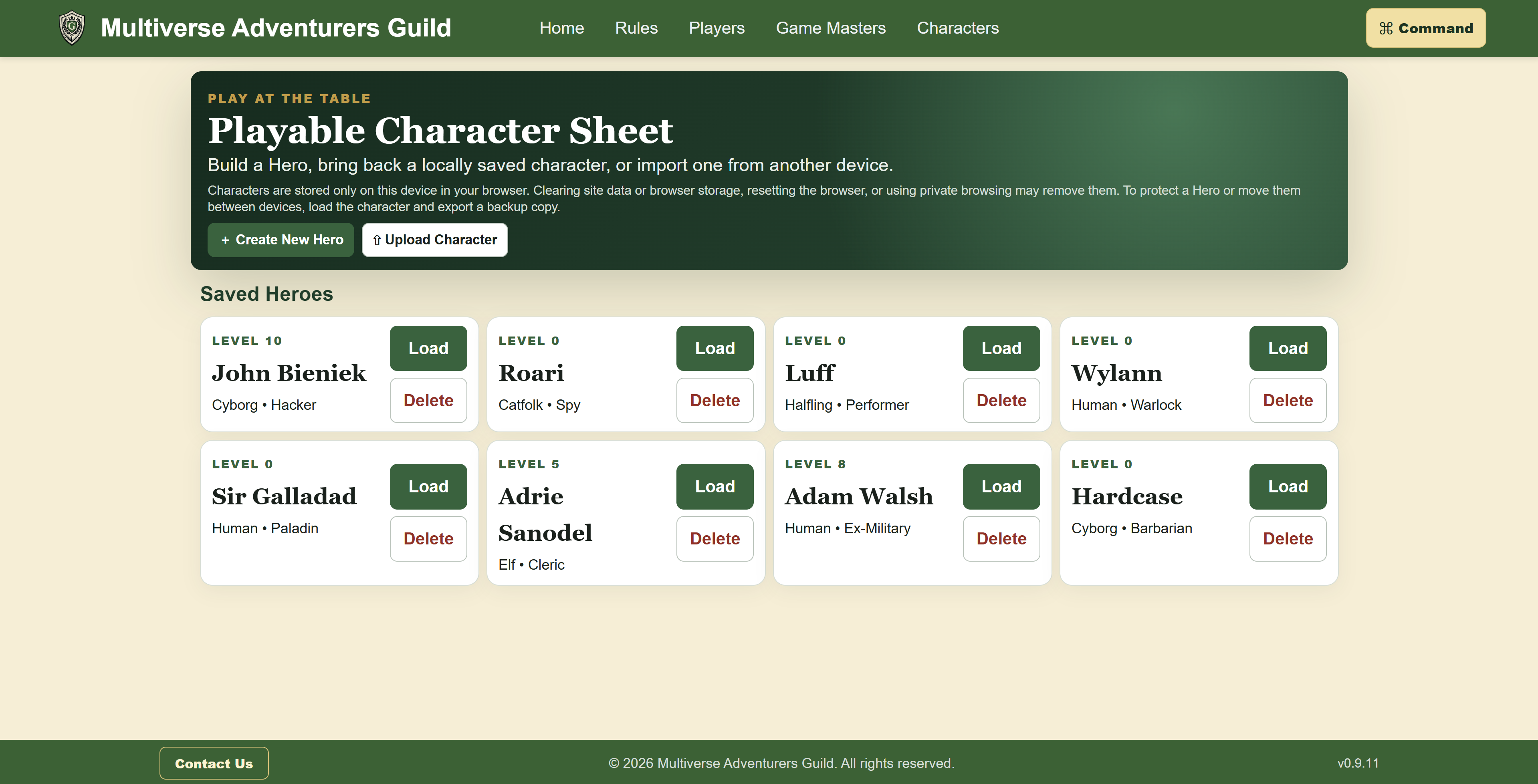 Multiverse character library with saved heroes and character creation options.