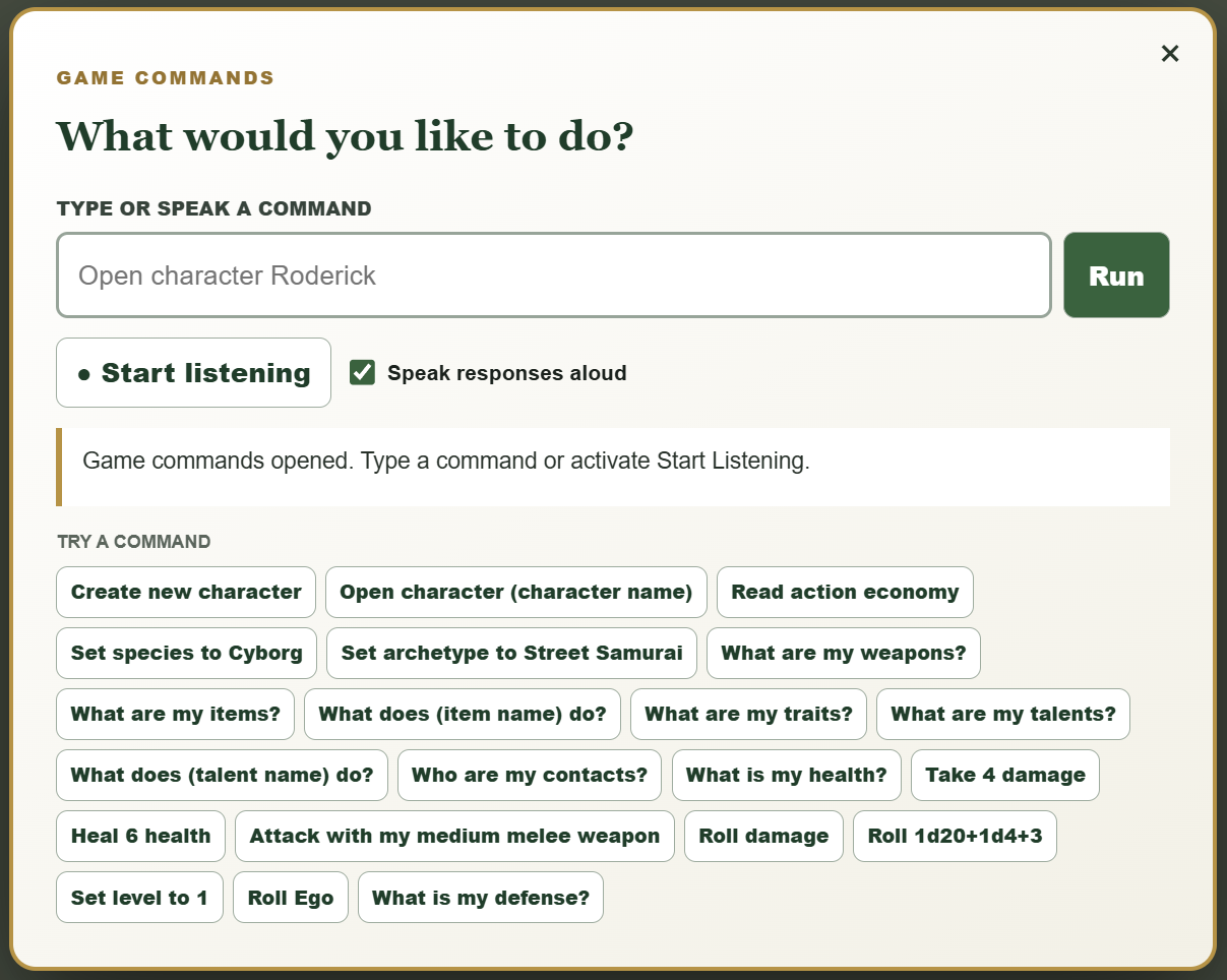 Multiverse Adventurers Guild command window with typed and spoken commands