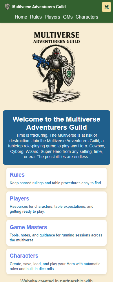 Multiverse Adventurers Guild homepage on a mobile phone with links to rules, player guides, and characters