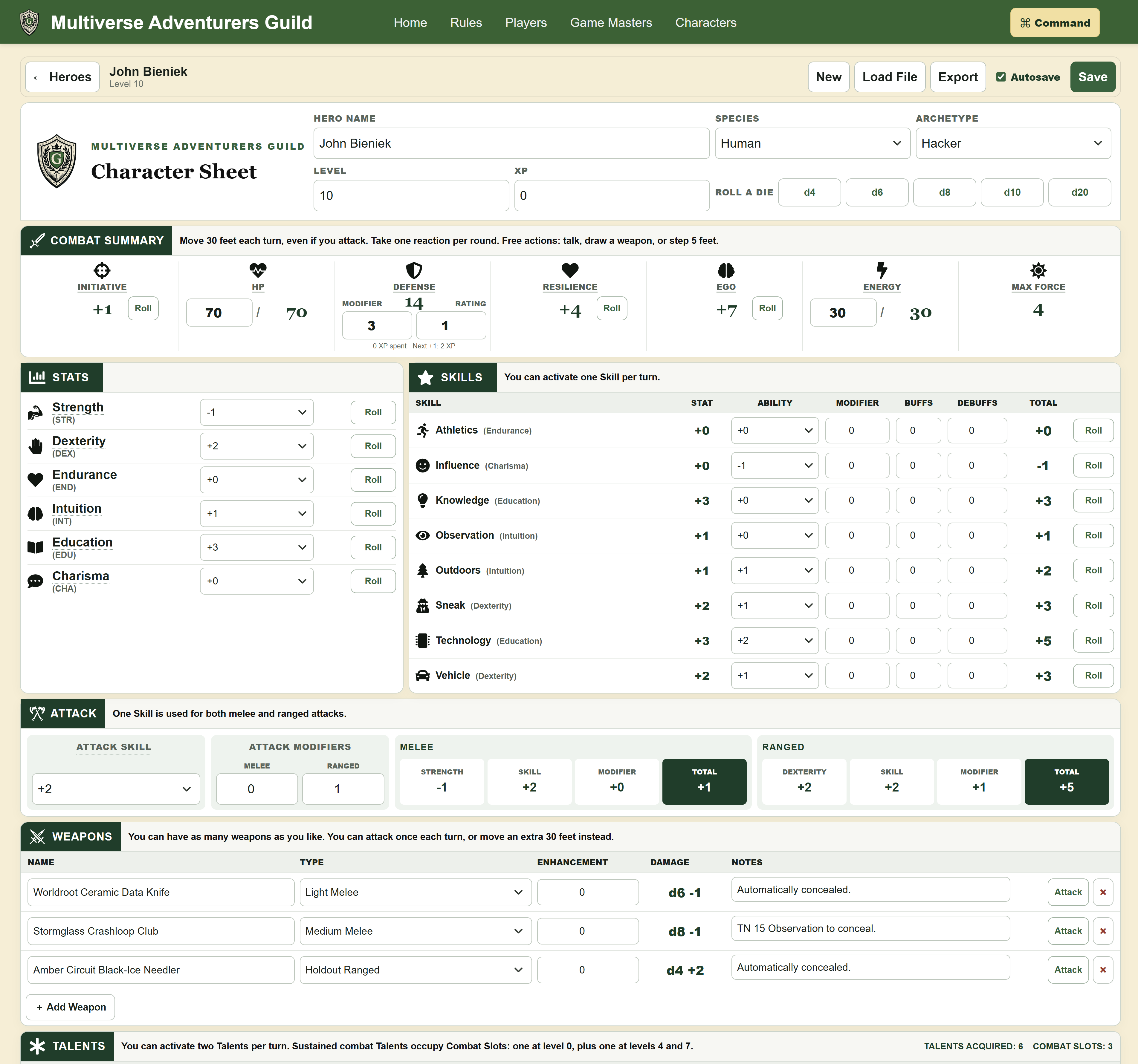 Multiverse playable character sheet with statistics, skills, equipment, and dice controls.