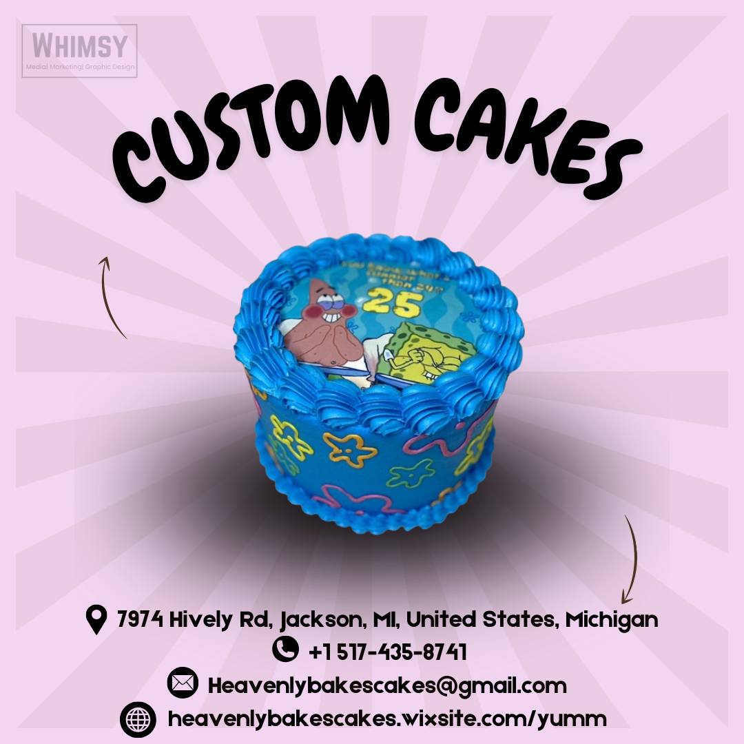 Custom-cake advertisement with a blue birthday cake and ordering details
