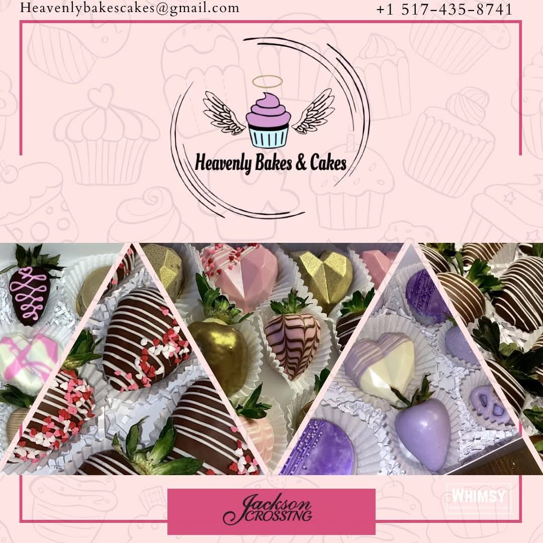 Heavenly Bakes & Cakes advertisement showing gift boxes of chocolate-dipped strawberries with colorful coatings and decorations.