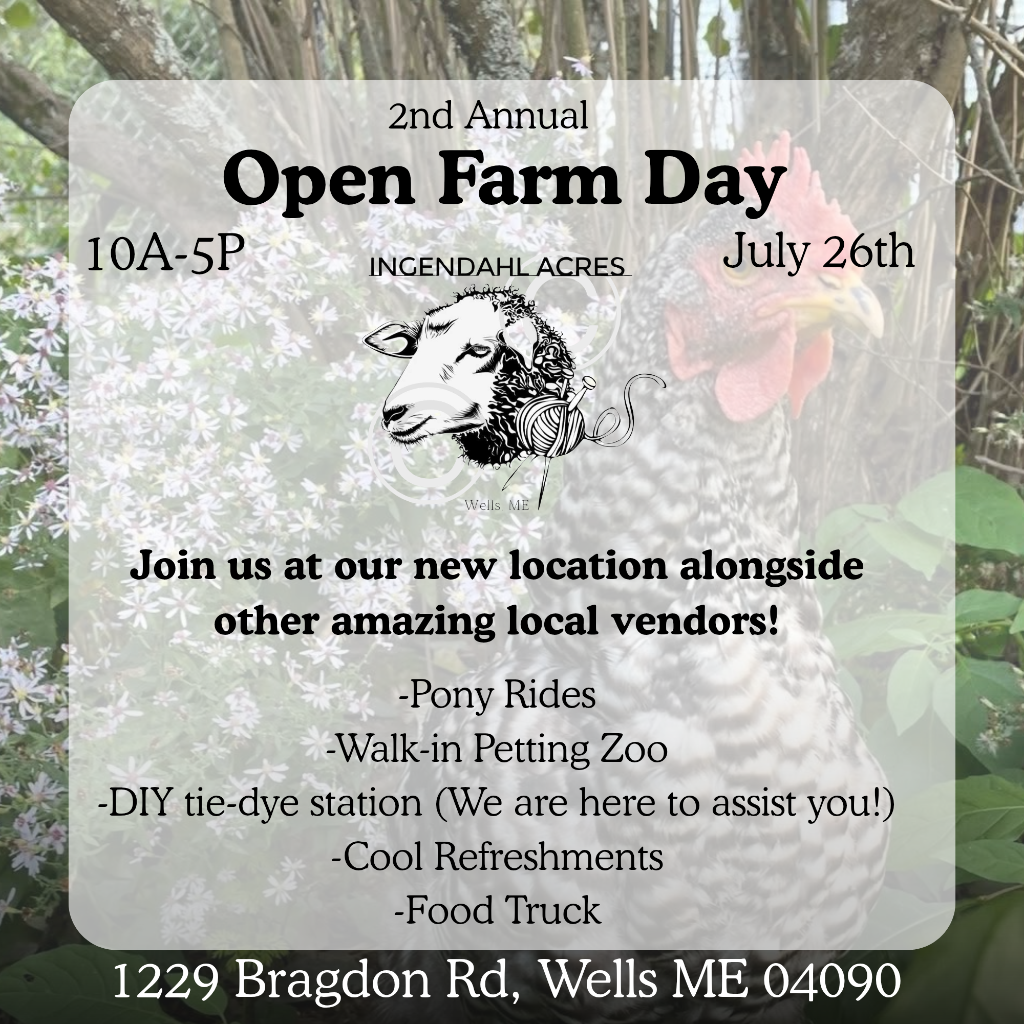 Ingendahl Acres Open Farm Day advertisement with a rooster among flowers, the July 26 date, activities, and Wells address