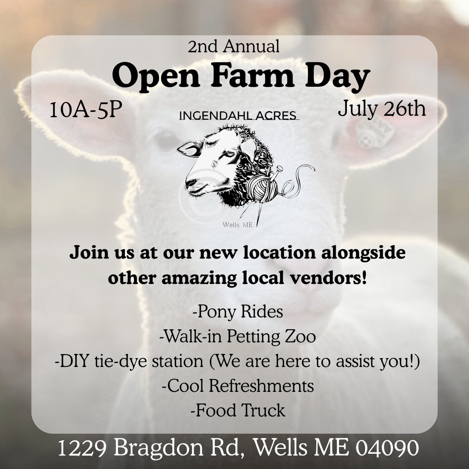 Ingendahl Acres Open Farm Day advertisement with a lamb photograph and the event details