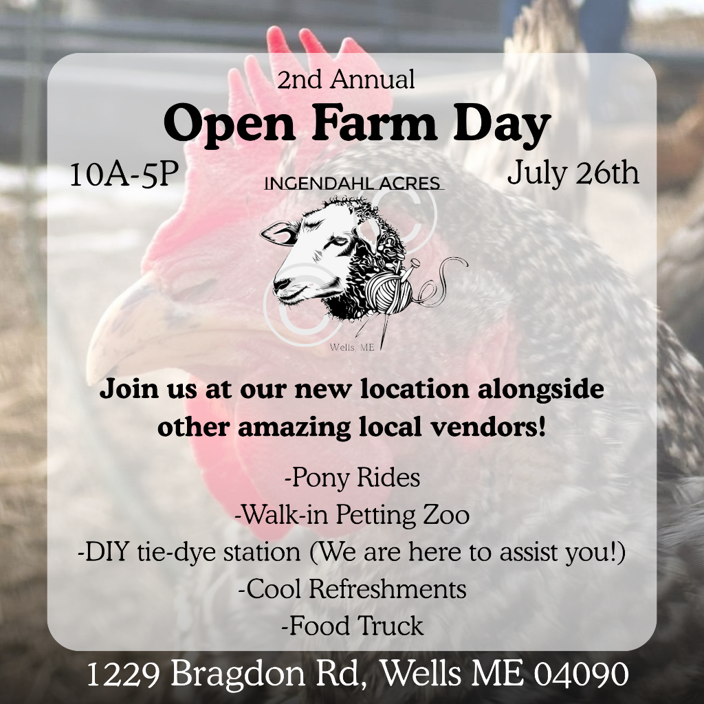 Ingendahl Acres Open Farm Day advertisement with a close-up rooster photograph and the event details
