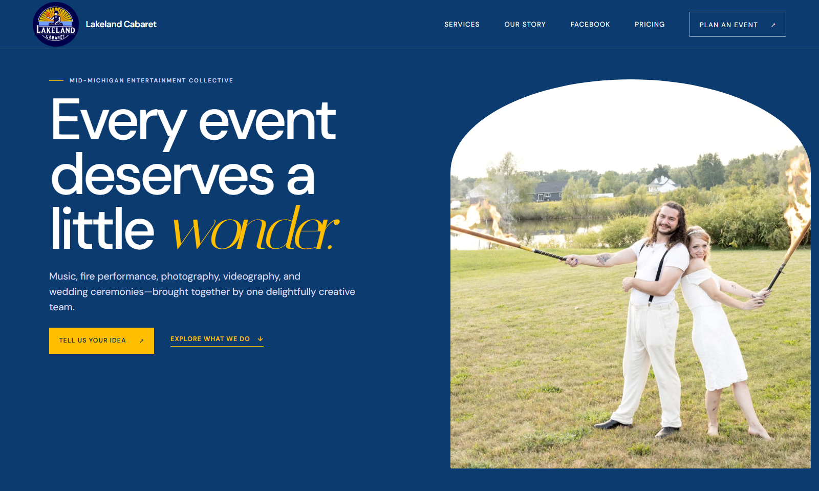 Lakeland Cabaret homepage with a blue and yellow design, the headline Every event deserves a little wonder, and an outdoor wedding photograph.